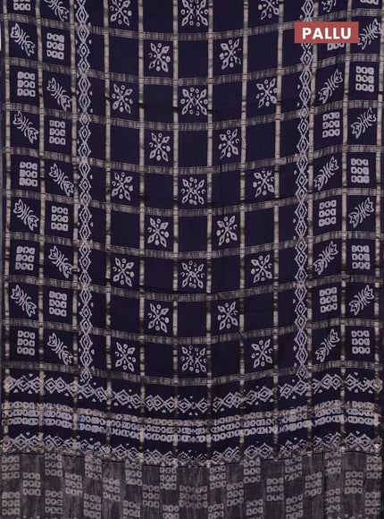 Semi chanderi saree navy blue with allover zari checks & batik prints in borderless style