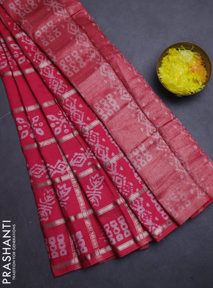 Semi chanderi saree peach pink with allover zari checks & batik prints in borderless style