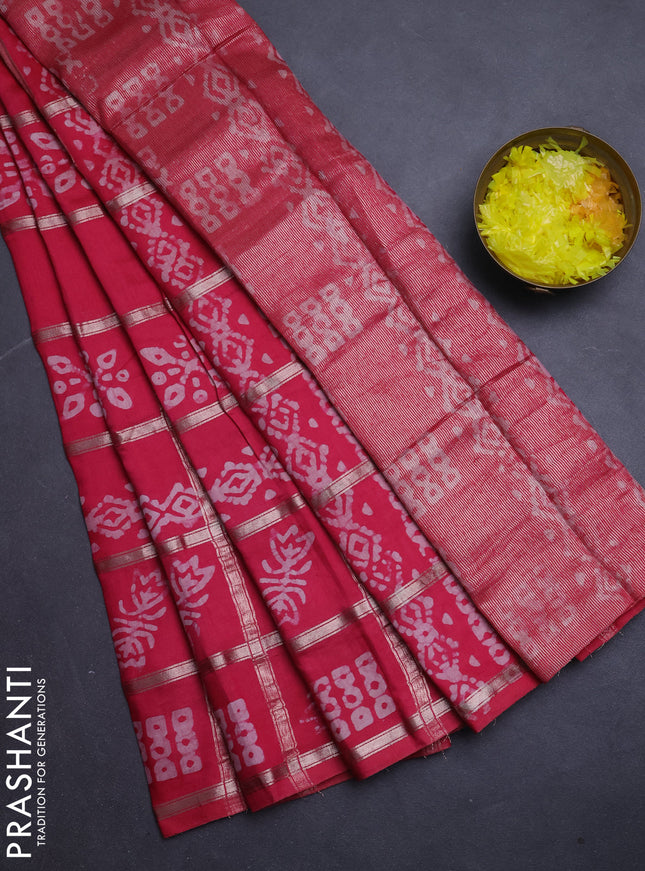 Semi chanderi saree peach pink with allover zari checks & batik prints in borderless style