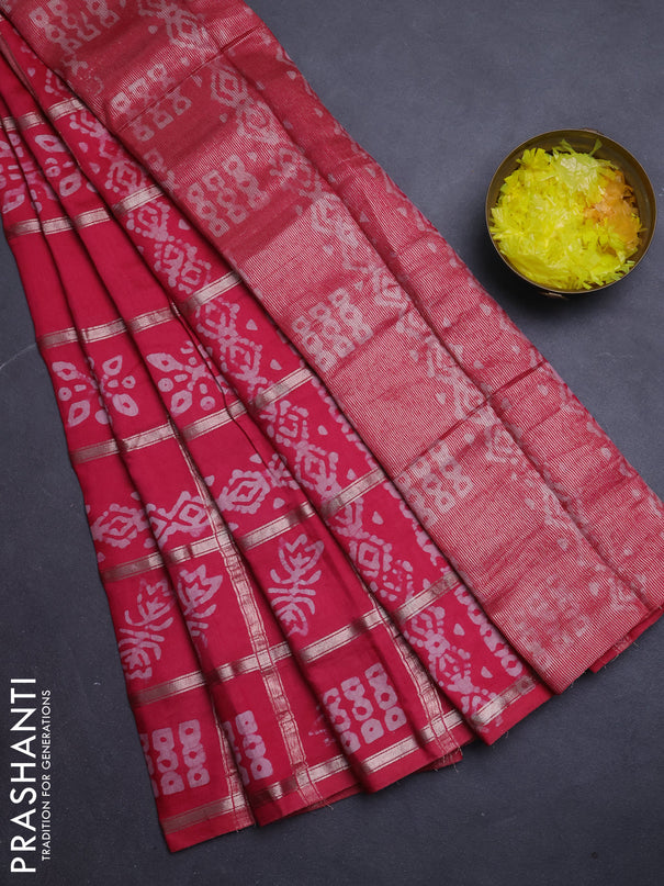Semi chanderi saree peach pink with allover zari checks & batik prints in borderless style