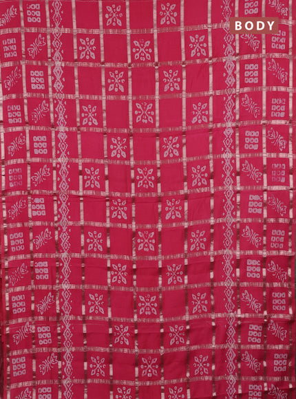 Semi chanderi saree peach pink with allover zari checks & batik prints in borderless style
