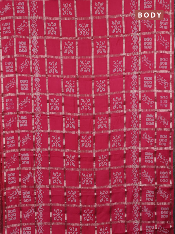Semi chanderi saree peach pink with allover zari checks & batik prints in borderless style