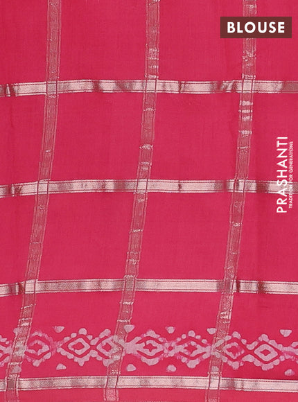 Semi chanderi saree peach pink with allover zari checks & batik prints in borderless style