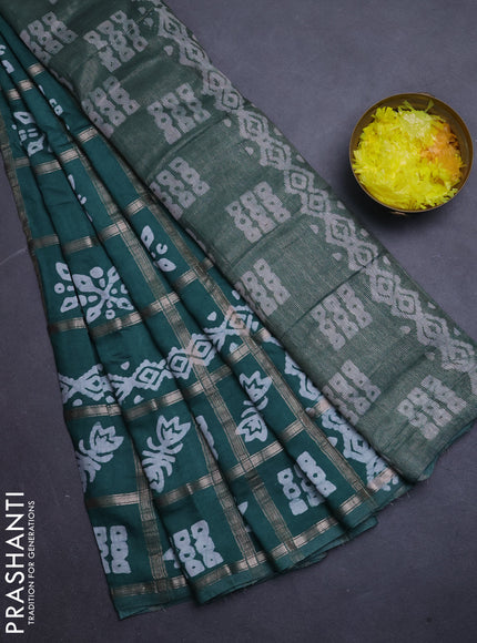 Semi chanderi saree teal green with allover zari checks & batik prints in borderless style