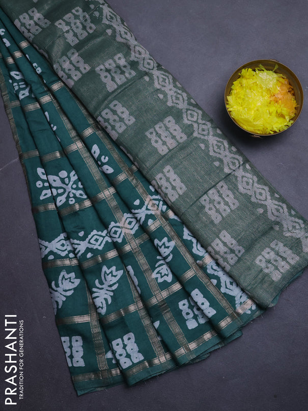 Semi chanderi saree teal green with allover zari checks & batik prints in borderless style
