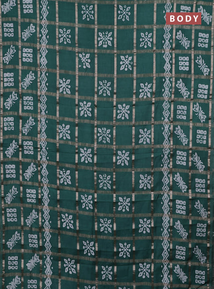 Semi chanderi saree teal green with allover zari checks & batik prints in borderless style