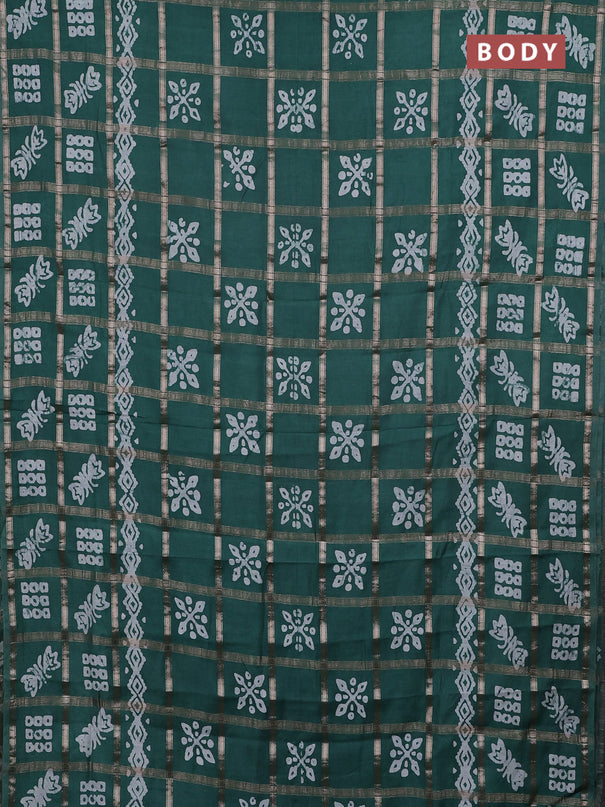 Semi chanderi saree teal green with allover zari checks & batik prints in borderless style