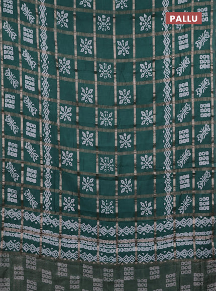 Semi chanderi saree teal green with allover zari checks & batik prints in borderless style