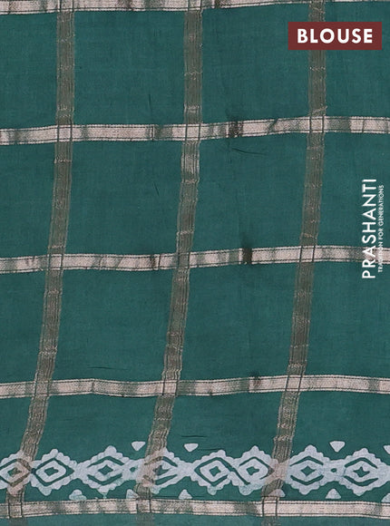 Semi chanderi saree teal green with allover zari checks & batik prints in borderless style