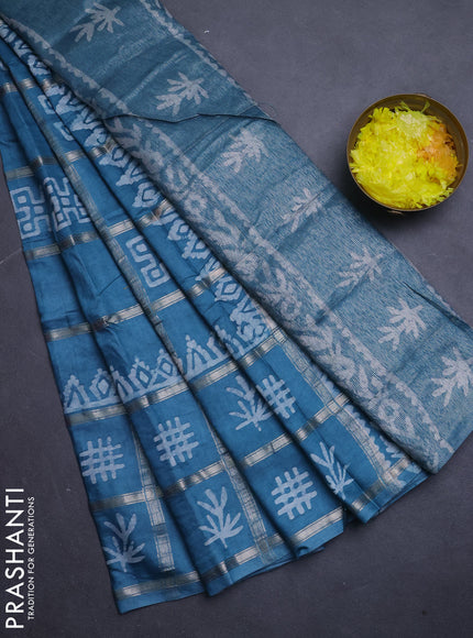 Semi chanderi saree teal green with allover zari checks & batik prints in borderless style