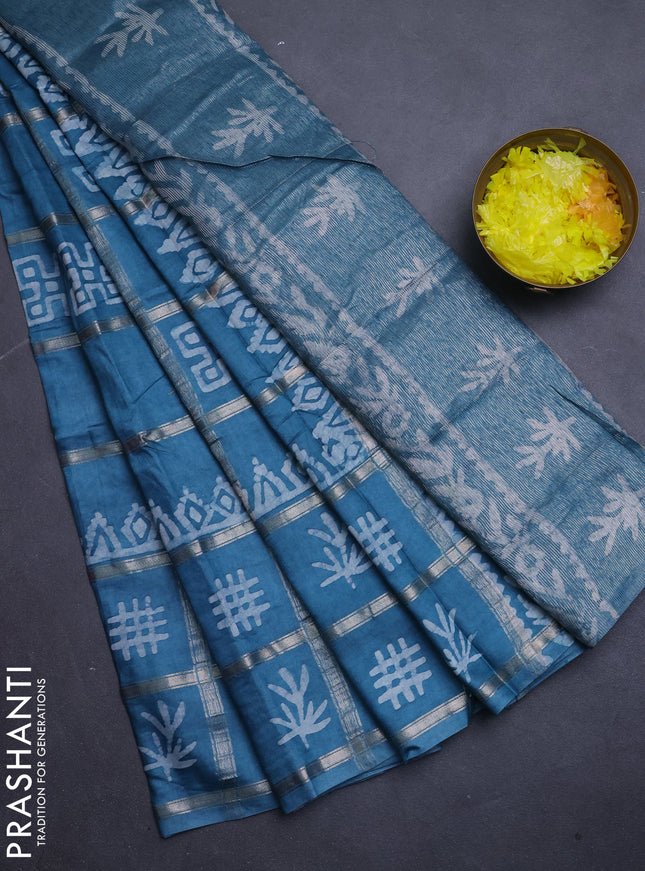 Semi chanderi saree teal green with allover zari checks & batik prints in borderless style