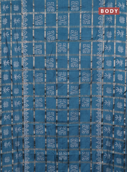 Semi chanderi saree teal green with allover zari checks & batik prints in borderless style