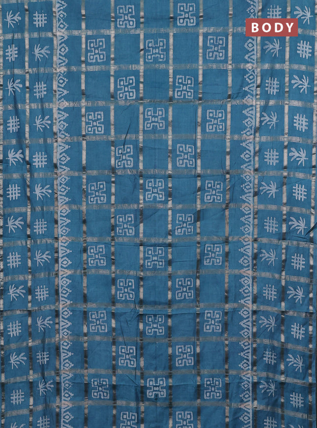 Semi chanderi saree teal green with allover zari checks & batik prints in borderless style