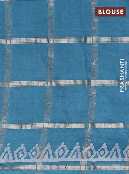 Semi chanderi saree teal green with allover zari checks & batik prints in borderless style