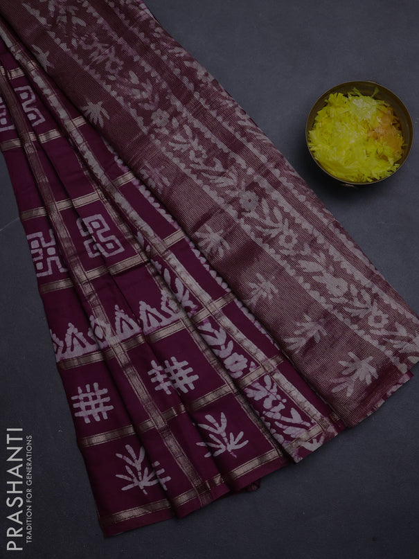 Semi chanderi saree wine shade with allover zari checks & batik prints in borderless style