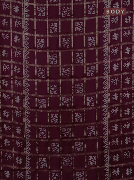 Semi chanderi saree wine shade with allover zari checks & batik prints in borderless style