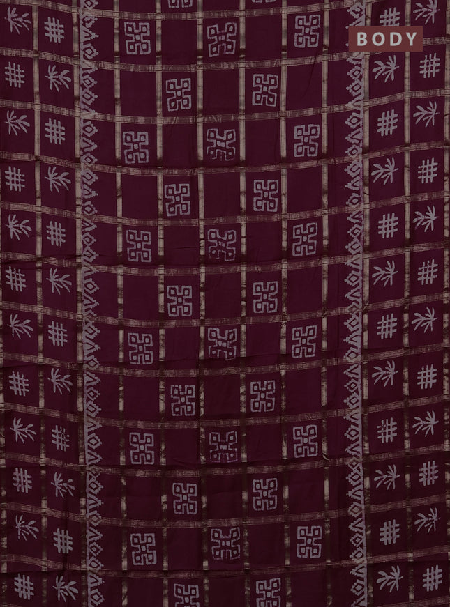 Semi chanderi saree wine shade with allover zari checks & batik prints in borderless style