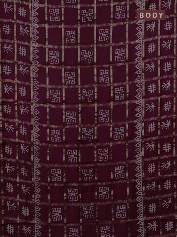 Semi chanderi saree wine shade with allover zari checks & batik prints in borderless style