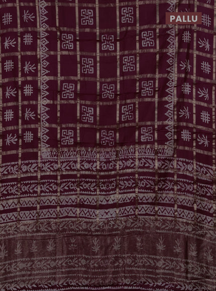 Semi chanderi saree wine shade with allover zari checks & batik prints in borderless style