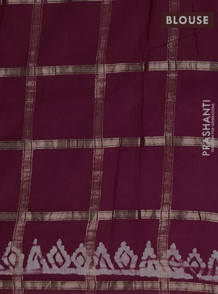 Semi chanderi saree wine shade with allover zari checks & batik prints in borderless style