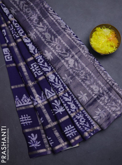 Semi chanderi saree navy blue with allover zari checks & batik prints in borderless style
