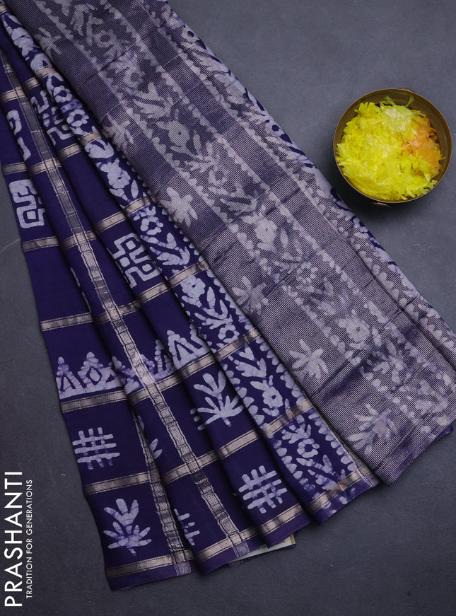 Semi chanderi saree navy blue with allover zari checks & batik prints in borderless style