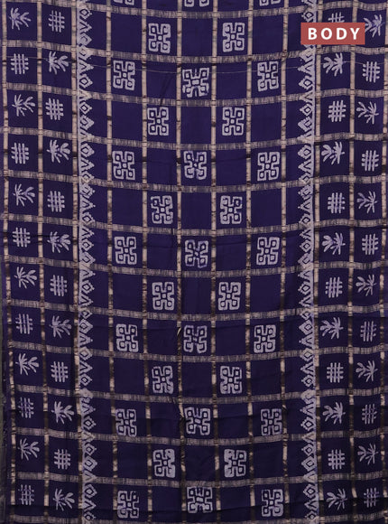 Semi chanderi saree navy blue with allover zari checks & batik prints in borderless style