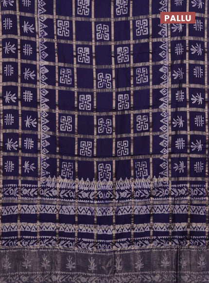 Semi chanderi saree navy blue with allover zari checks & batik prints in borderless style