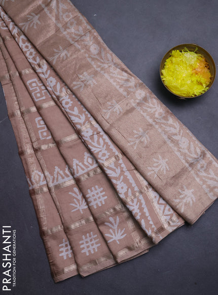 Semi chanderi saree beige with allover zari checks & batik prints in borderless style