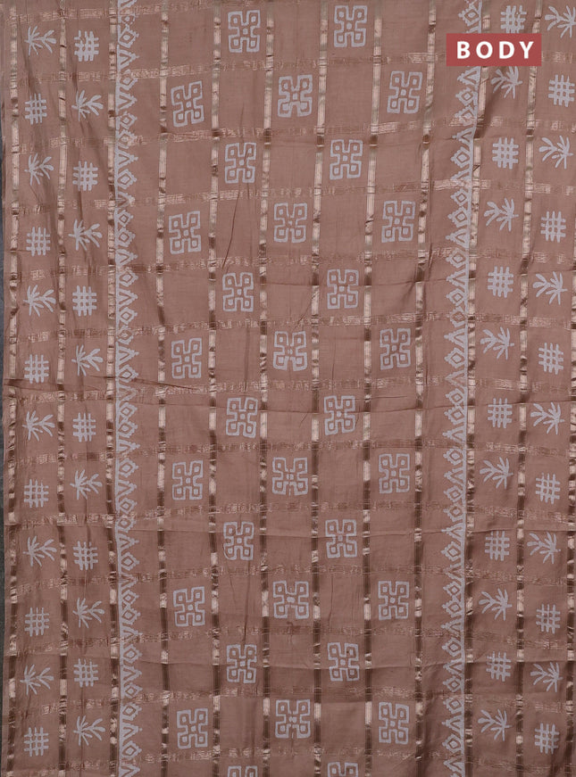 Semi chanderi saree beige with allover zari checks & batik prints in borderless style
