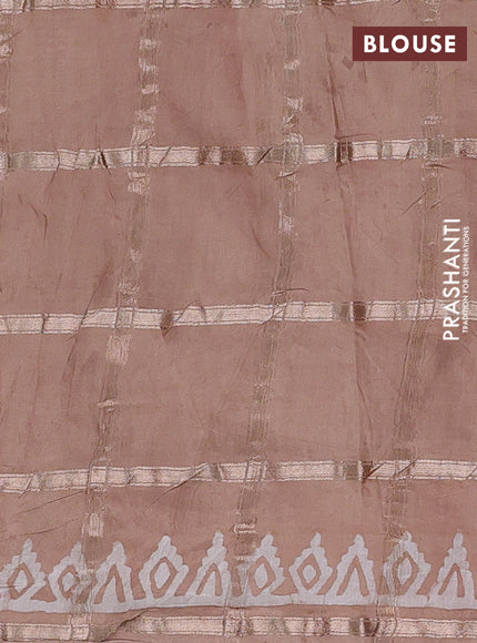 Semi chanderi saree beige with allover zari checks & batik prints in borderless style