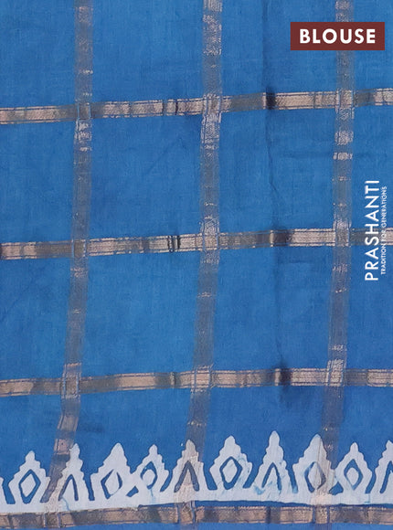 Semi chanderi saree blue with allover zari checks & batik prints in borderless style