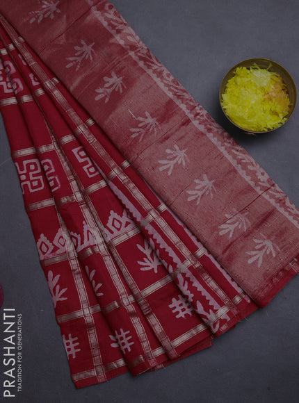 Semi chanderi saree red with allover zari checks & batik prints in borderless style