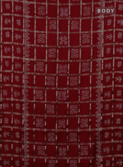 Semi chanderi saree red with allover zari checks & batik prints in borderless style