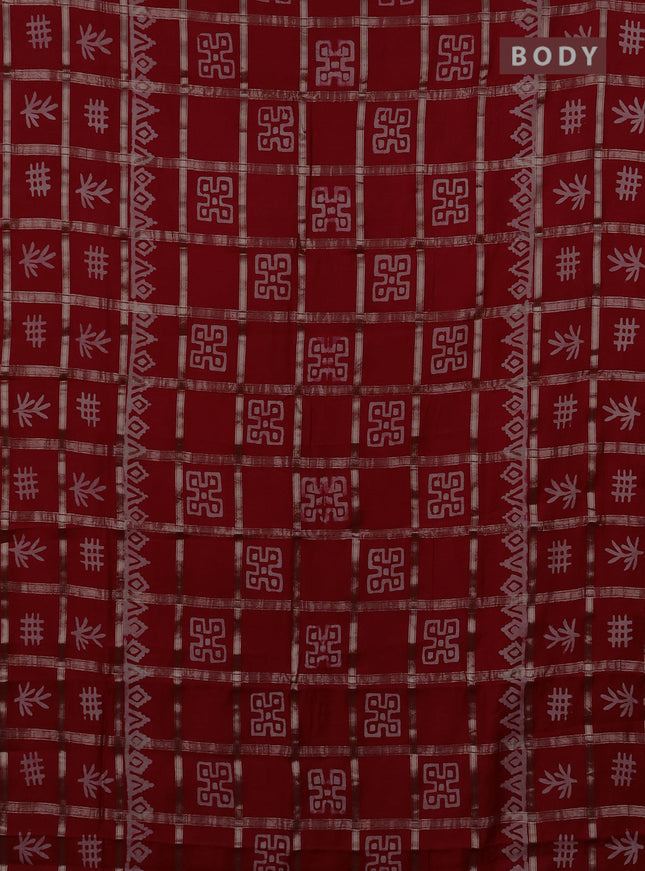 Semi chanderi saree red with allover zari checks & batik prints in borderless style