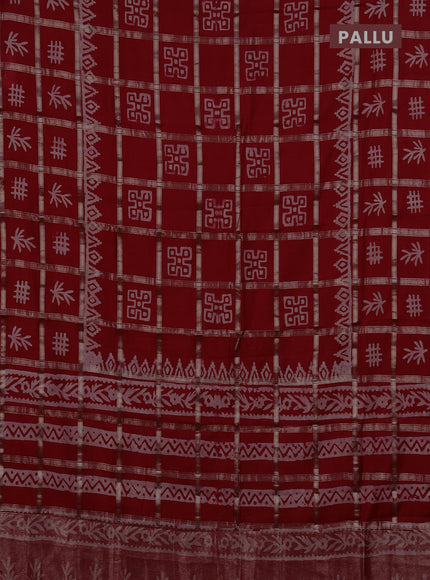 Semi chanderi saree red with allover zari checks & batik prints in borderless style