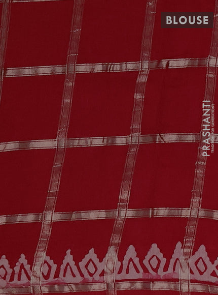 Semi chanderi saree red with allover zari checks & batik prints in borderless style