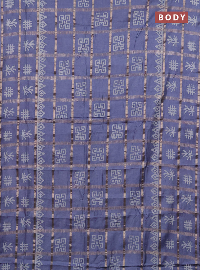 Semi chanderi saree grey with allover zari checks & batik prints in borderless style