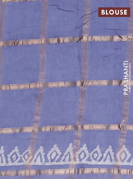 Semi chanderi saree grey with allover zari checks & batik prints in borderless style