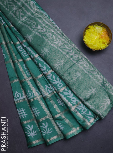 Semi chanderi saree green with allover zari checks & batik prints in borderless style