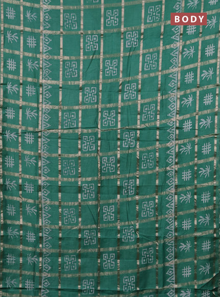 Semi chanderi saree green with allover zari checks & batik prints in borderless style