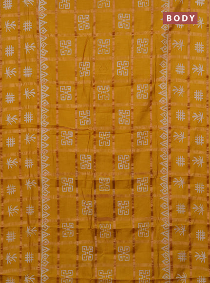 Semi chanderi saree mustard yellow with allover zari checks & batik prints in borderless style