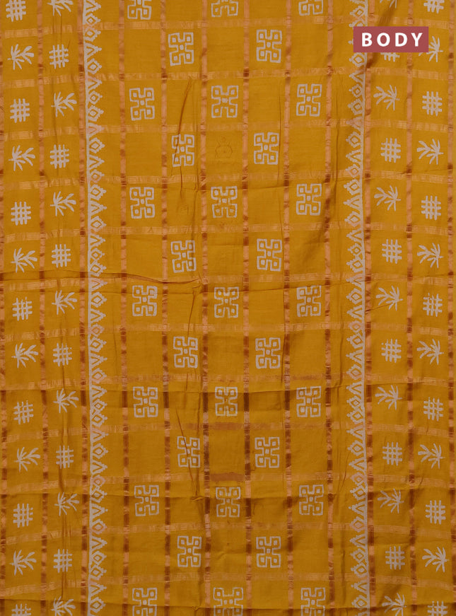 Semi chanderi saree mustard yellow with allover zari checks & batik prints in borderless style