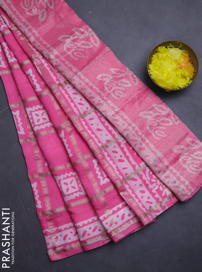 Semi chanderi saree light pink and off white with allover zari checks & batik prints and batik printed border