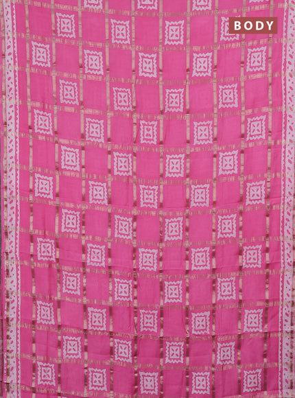 Semi chanderi saree light pink and off white with allover zari checks & batik prints and batik printed border