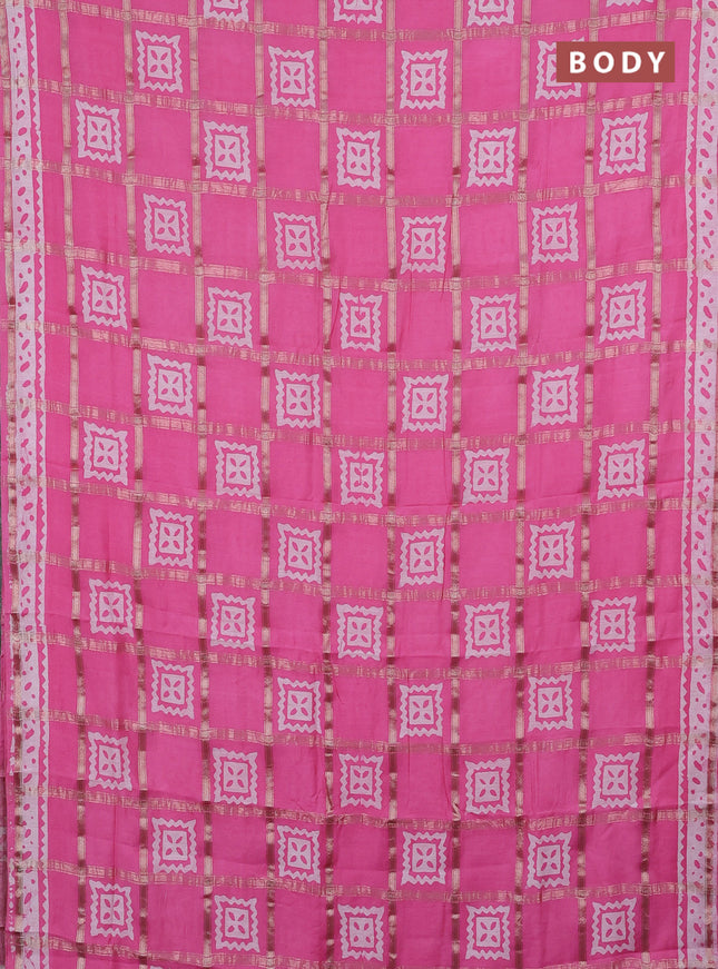 Semi chanderi saree light pink and off white with allover zari checks & batik prints and batik printed border