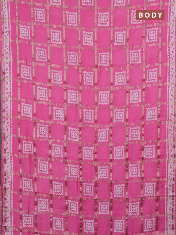 Semi chanderi saree light pink and off white with allover zari checks & batik prints and batik printed border