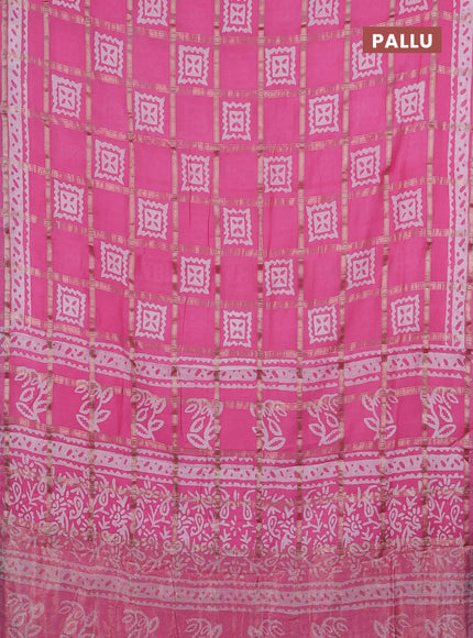 Semi chanderi saree light pink and off white with allover zari checks & batik prints and batik printed border
