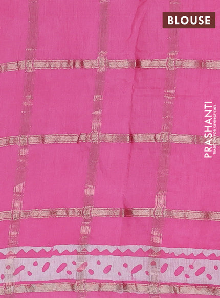 Semi chanderi saree light pink and off white with allover zari checks & batik prints and batik printed border