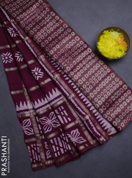 Semi chanderi saree wine shade and off white with allover zari checks & batik prints and batik printed border